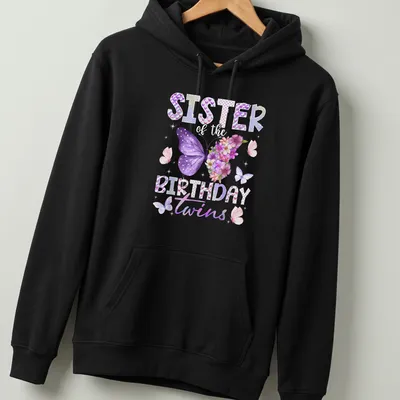 Watercolor butterflies and flowers with text 'SISTER of the BIRTHDAY twins' in playful script. — printed on a unisex hoodie