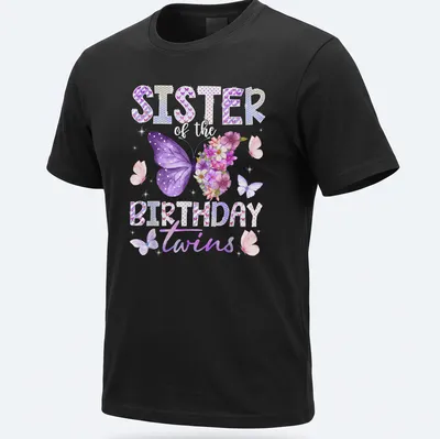 Watercolor butterflies and flowers with text 'SISTER of the BIRTHDAY twins' in playful script.