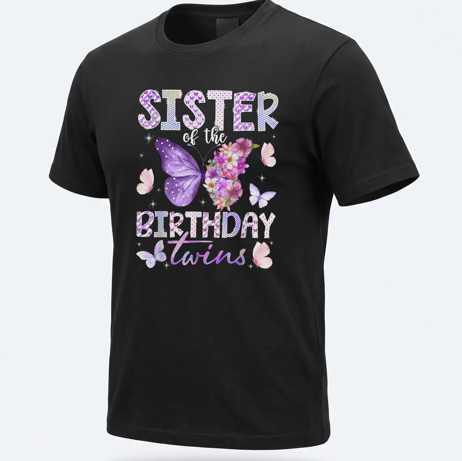 Watercolor butterflies and flowers with text 'SISTER of the BIRTHDAY twins' in playful script. — printed on a unisex t-shirt
