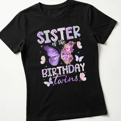 Watercolor butterflies and flowers with text 'SISTER of the BIRTHDAY twins' in playful script. — printed on a women's shirt