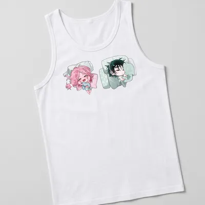 Kawaii anime characters cuddling under the words 'Sleeping Together' in playful lettering — printed on a tank top