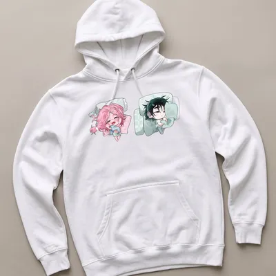 Kawaii anime characters cuddling under the words 'Sleeping Together' in playful lettering — printed on a unisex hoodie