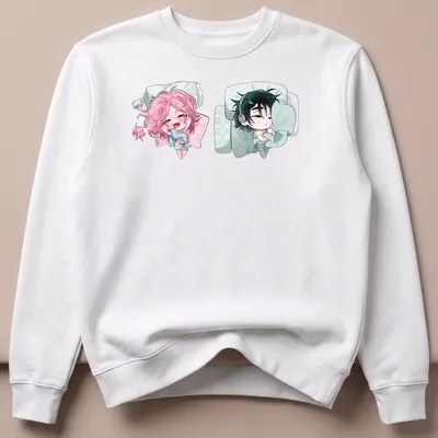 Kawaii anime characters cuddling under the words 'Sleeping Together' in playful lettering — printed on a unisex sweatshirt