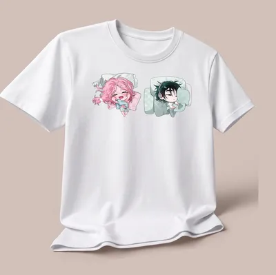 Kawaii anime characters cuddling under the words 'Sleeping Together' in playful lettering — printed on a unisex t-shirt (angled view)