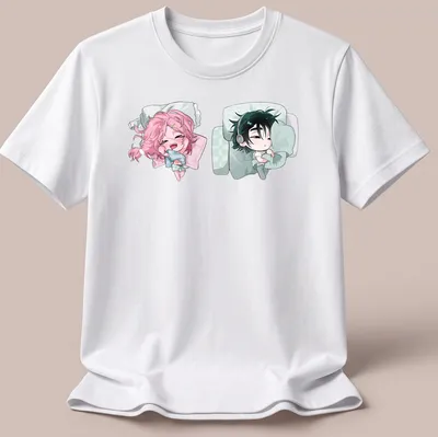 Kawaii anime characters cuddling under the words 'Sleeping Together' in playful lettering — printed on a unisex t-shirt