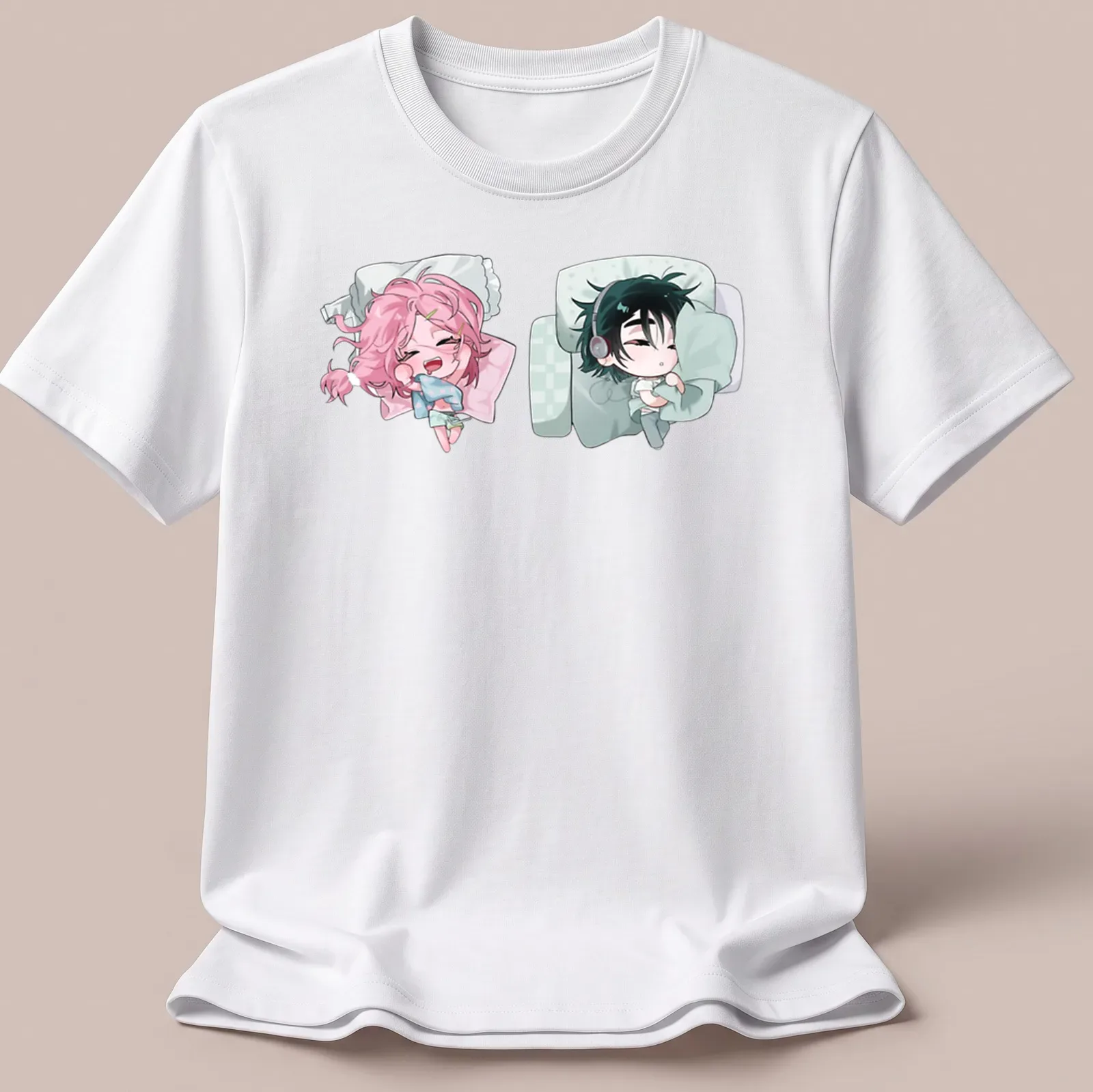 Kawaii anime characters cuddling under the words 'Sleeping Together' in playful lettering — printed on a unisex t-shirt