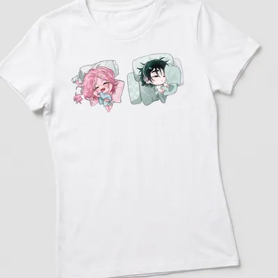 Kawaii anime characters cuddling under the words 'Sleeping Together' in playful lettering — printed on a women's shirt