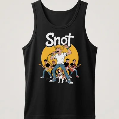 Cartoon t-shirt featuring a singing boy with a dog and the word 'Snot' above — printed on a tank top