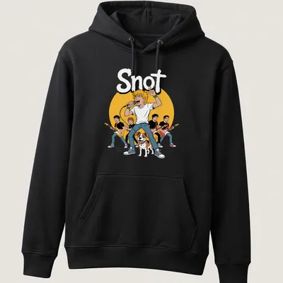 Cartoon t-shirt featuring a singing boy with a dog and the word 'Snot' above — printed on a unisex hoodie