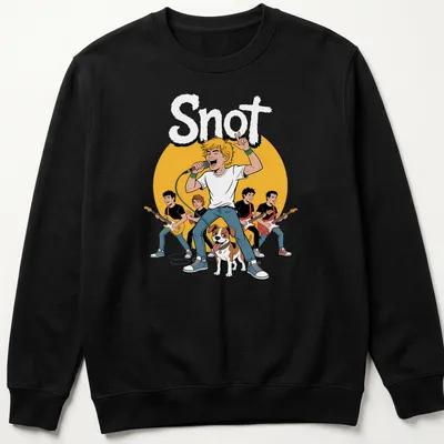 Cartoon t-shirt featuring a singing boy with a dog and the word 'Snot' above — printed on a unisex sweatshirt