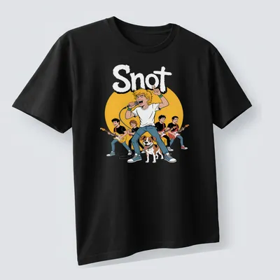 Cartoon t-shirt featuring a singing boy with a dog and the word 'Snot' above — printed on a unisex t-shirt (angled view)
