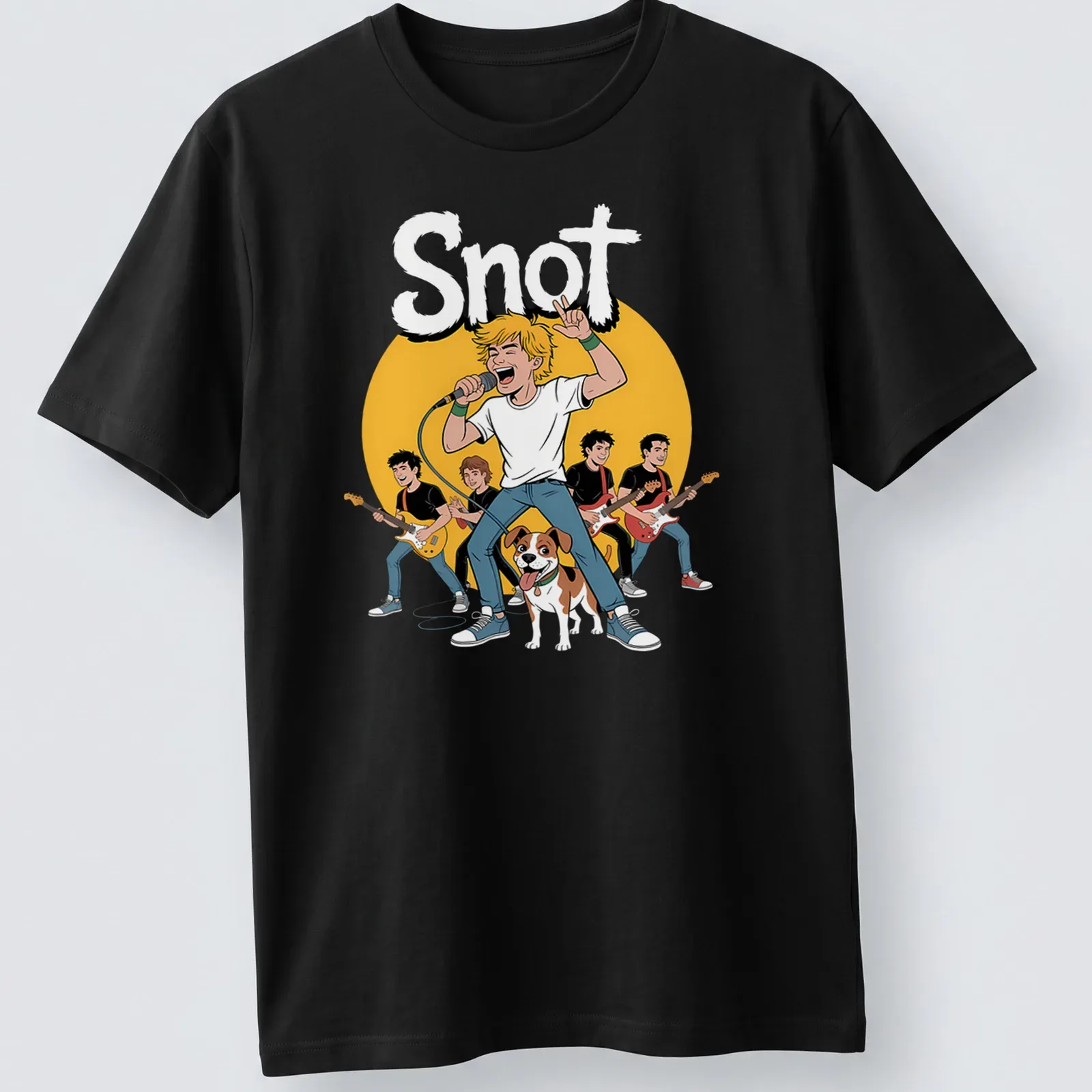 Cartoon t-shirt featuring a singing boy with a dog and the word 'Snot' above — printed on a unisex t-shirt