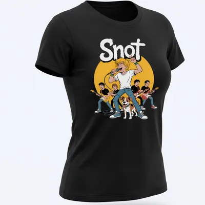 Cartoon t-shirt featuring a singing boy with a dog and the word 'Snot' above — printed on a women's shirt
