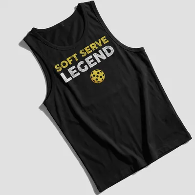 Distressed retro design featuring 'Soft Serve Legend' with a yellow pickleball. — printed on a tank top