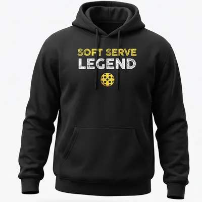 Distressed retro design featuring 'Soft Serve Legend' with a yellow pickleball. — printed on a unisex hoodie