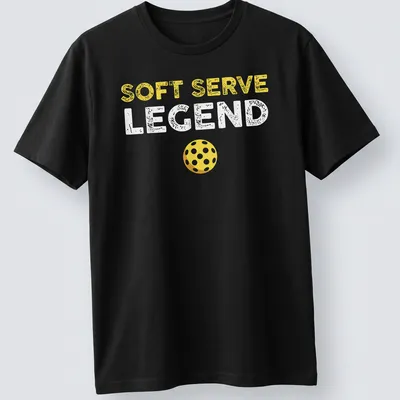 Distressed retro design featuring 'Soft Serve Legend' with a yellow pickleball.