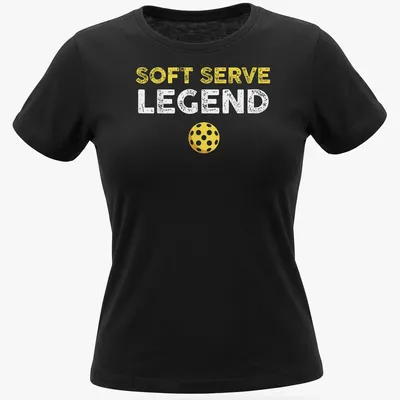 Distressed retro design featuring 'Soft Serve Legend' with a yellow pickleball. — printed on a women's shirt