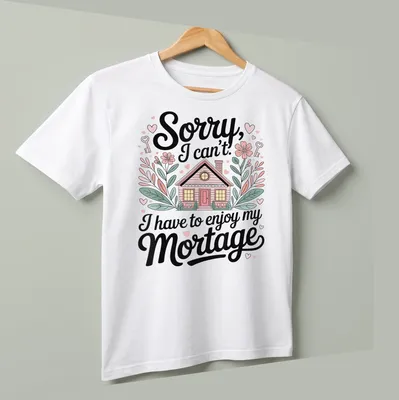 Whimsical house illustration with flowers and hearts and humorous text about mortgages — printed on a unisex t-shirt (angled view)