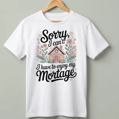 Whimsical house illustration with flowers and hearts and humorous text about mortgages