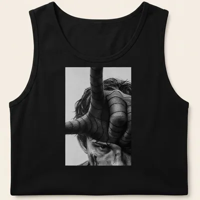 Realistic portrait of Tom Holland as Spider Man in black, white, and gray — printed on a tank top
