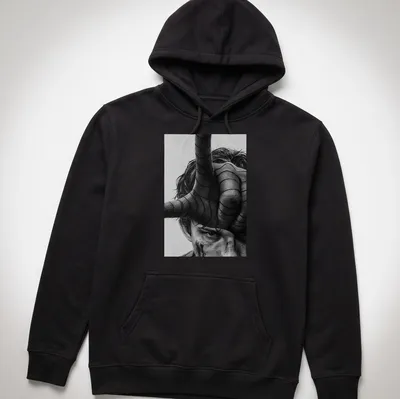 Realistic portrait of Tom Holland as Spider Man in black, white, and gray — printed on a unisex hoodie