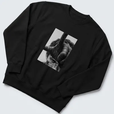 Realistic portrait of Tom Holland as Spider Man in black, white, and gray — printed on a unisex sweatshirt