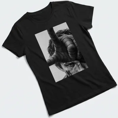 Realistic portrait of Tom Holland as Spider Man in black, white, and gray — printed on a women's shirt