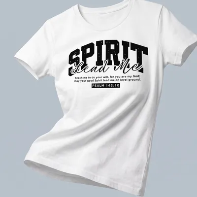 Typography design featuring Psalm 143:10 in black and white — printed on a women's shirt