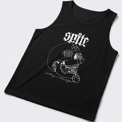 Bold graphic t-shirt featuring the Spite band logo in red, white, and black — printed on a tank top