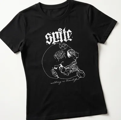 Bold graphic t-shirt featuring the Spite band logo in red, white, and black — printed on a women's shirt