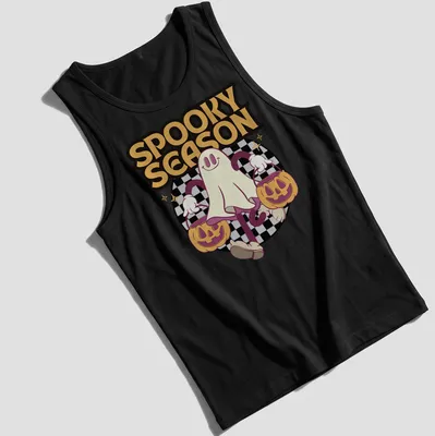 Cartoon ghost holding pumpkin buckets with the text Spooky Season in colorful design. — printed on a tank top