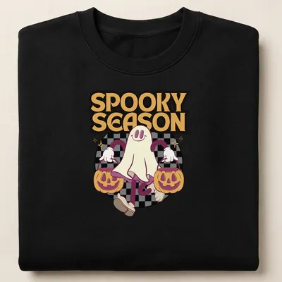 Cartoon ghost holding pumpkin buckets with the text Spooky Season in colorful design. — printed on a unisex sweatshirt