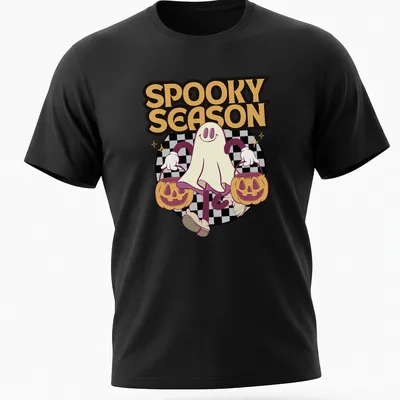 Cartoon ghost holding pumpkin buckets with the text Spooky Season in colorful design. — printed on a unisex t-shirt