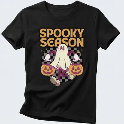 Cartoon ghost holding pumpkin buckets with the text Spooky Season in colorful design. — printed on a women's shirt