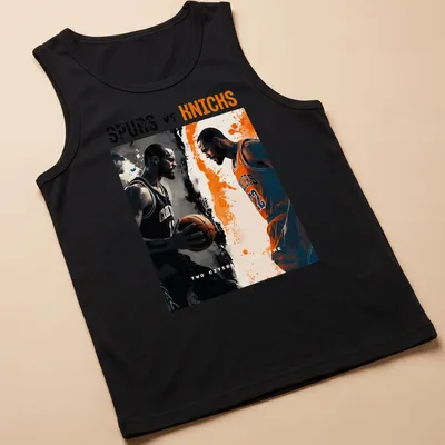 Dynamic illustrated design of basketball players for Spurs vs Knicks rivalry — printed on a tank top