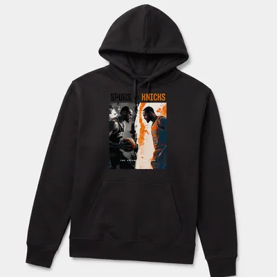Dynamic illustrated design of basketball players for Spurs vs Knicks rivalry — printed on a unisex hoodie
