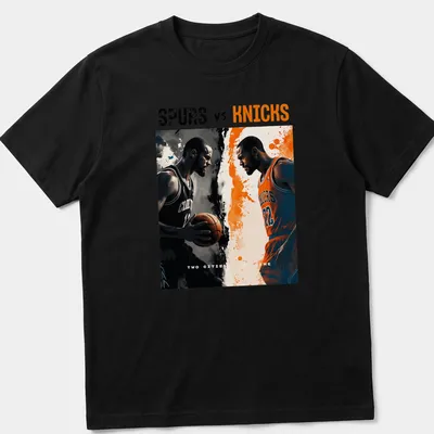 Dynamic illustrated design of basketball players for Spurs vs Knicks rivalry — printed on a unisex t-shirt
