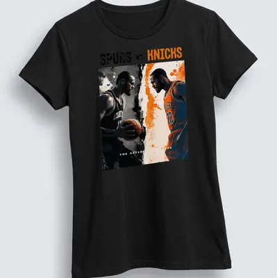Dynamic illustrated design of basketball players for Spurs vs Knicks rivalry — printed on a women's shirt
