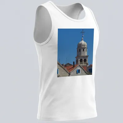 Photographic print of St Helen's Church Tower with blue sky and architectural details — printed on a tank top