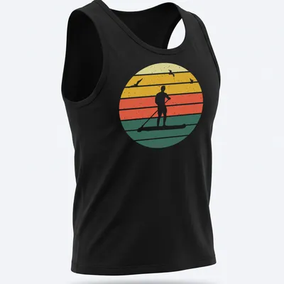 Retro distressed paddle boarding silhouette in yellow, orange, red, green, and white — printed on a tank top