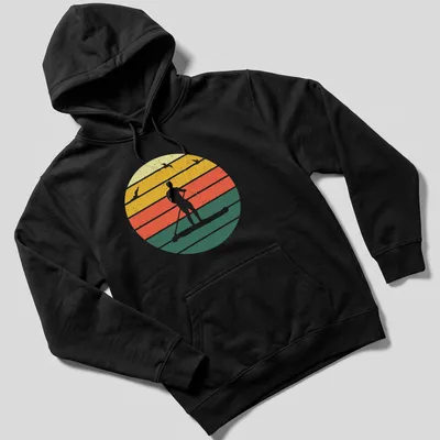 Retro distressed paddle boarding silhouette in yellow, orange, red, green, and white — printed on a unisex hoodie