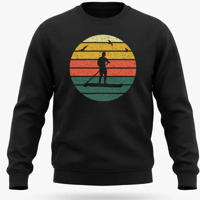 Retro distressed paddle boarding silhouette in yellow, orange, red, green, and white — printed on a unisex sweatshirt