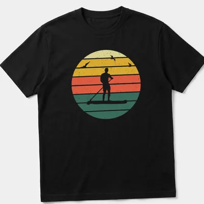 Retro distressed paddle boarding silhouette in yellow, orange, red, green, and white