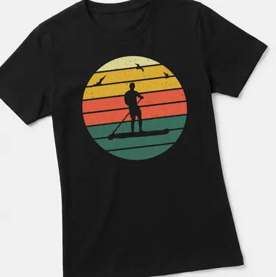 Retro distressed paddle boarding silhouette in yellow, orange, red, green, and white — printed on a women's shirt