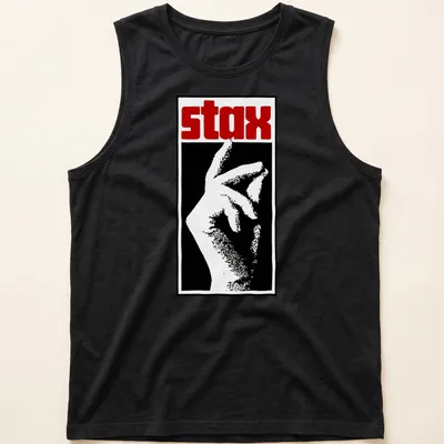 Bold graphic t-shirt featuring the word 'stax' and a hand gesture in black, white, and red. — printed on a tank top