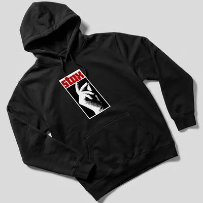 Bold graphic t-shirt featuring the word 'stax' and a hand gesture in black, white, and red. — printed on a unisex hoodie