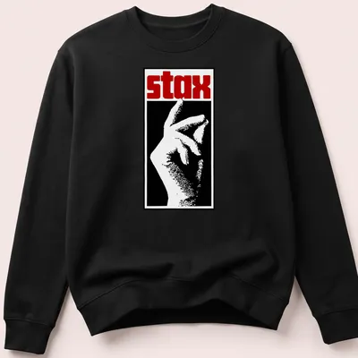 Bold graphic t-shirt featuring the word 'stax' and a hand gesture in black, white, and red. — printed on a unisex sweatshirt