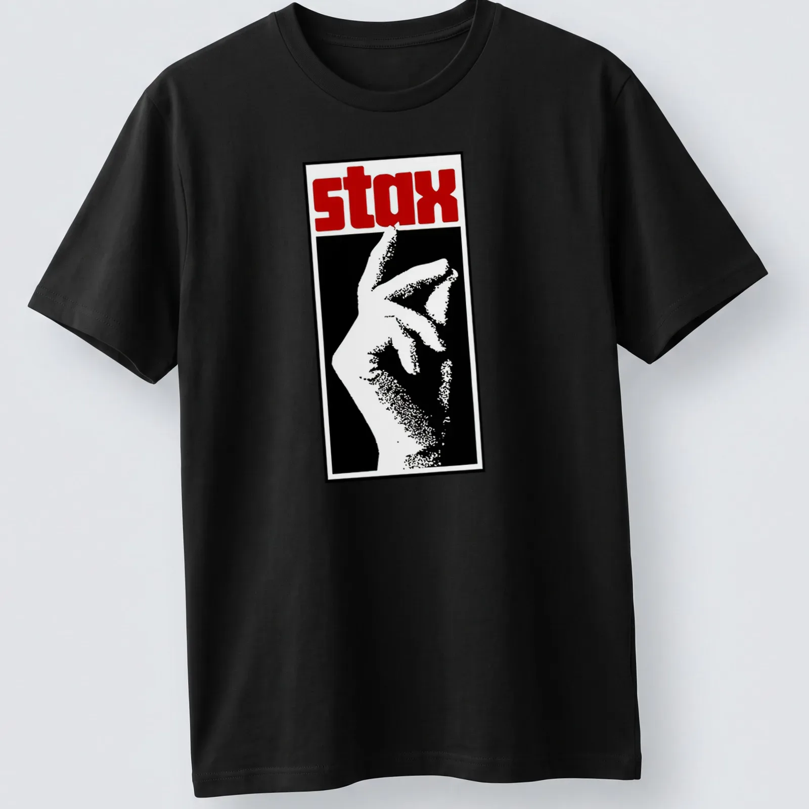 Bold graphic t-shirt featuring the word 'stax' and a hand gesture in black, white, and red. — printed on a unisex t-shirt
