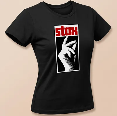 Bold graphic t-shirt featuring the word 'stax' and a hand gesture in black, white, and red. — printed on a women's shirt