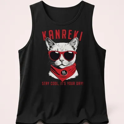 A cat in sunglasses with bold text celebrating a 60th birthday — printed on a tank top